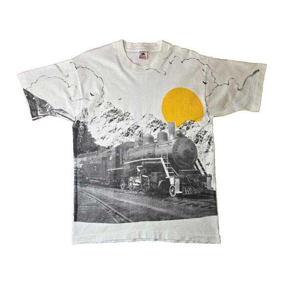 Fruit of the Loom Other - Vintage 90s Coal Freight Train AOP Graphic White T Shirt Mens Large L FOTL